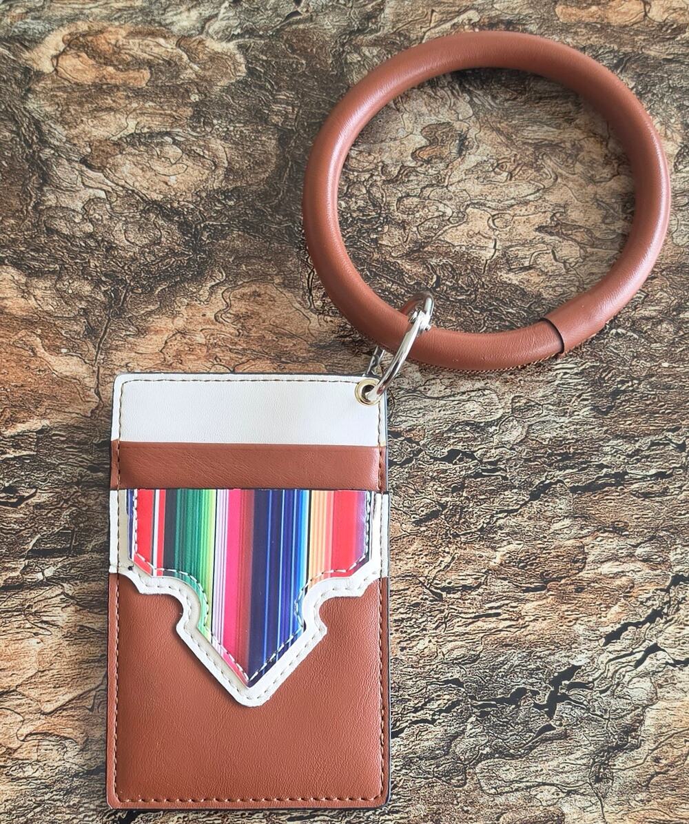 Serape ID Card Holder Bangle Keychain Brown Tan Multicolor Wristlet